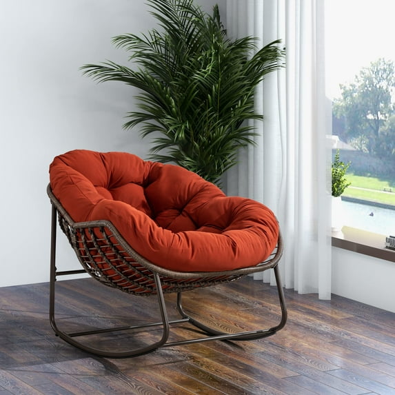 Outdoor Rattan Rocking Chair, Padded Cushion Rocker Recliner Chair Outdoor for Front Porch, Living Room, Patio, Garden (Orange)