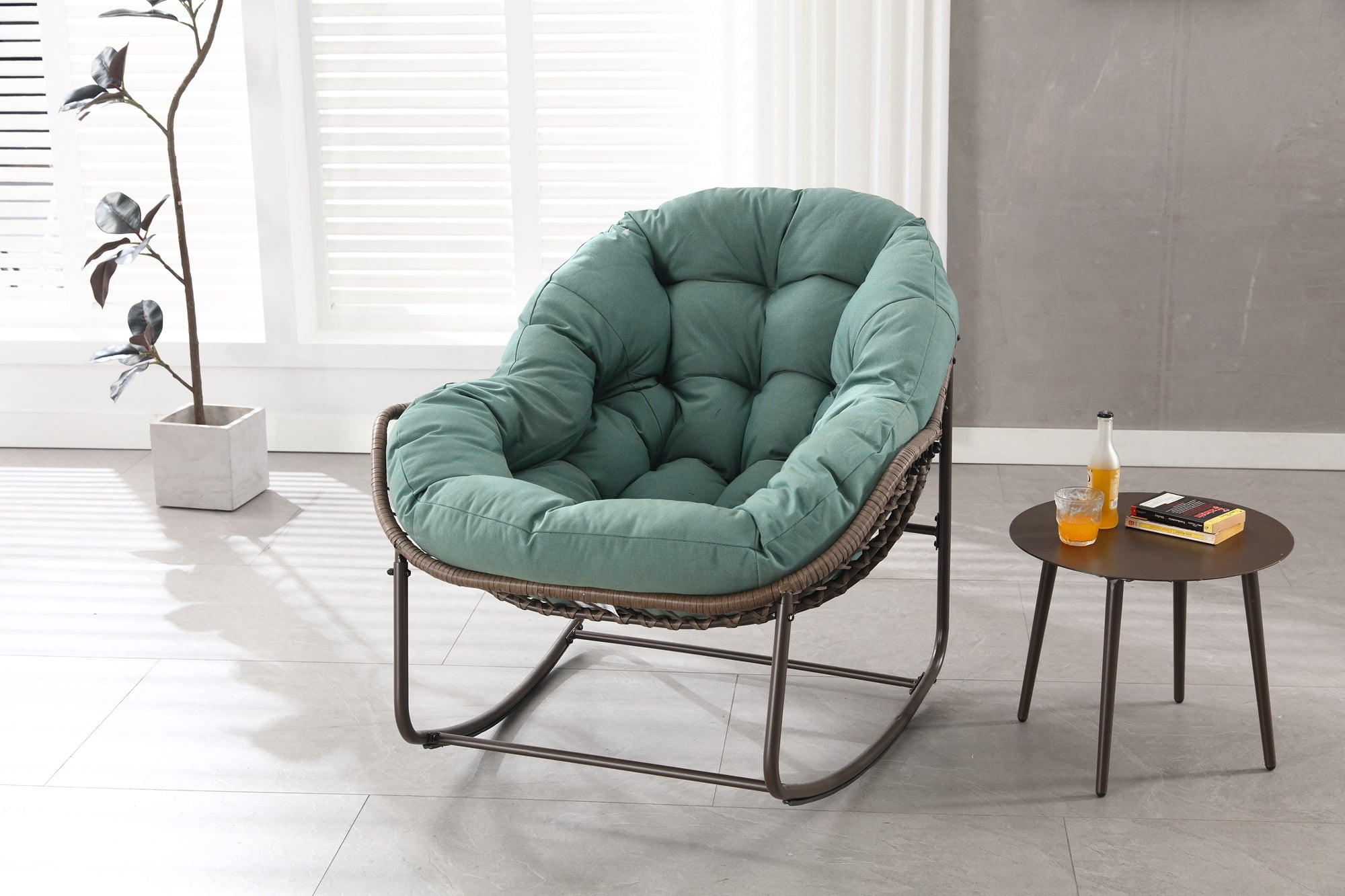 Outdoor Rattan Rocking Chair,Padded Cushion Rocker Recliner Chair Outdoor for Front Porch, Living Room, Patio, Garden