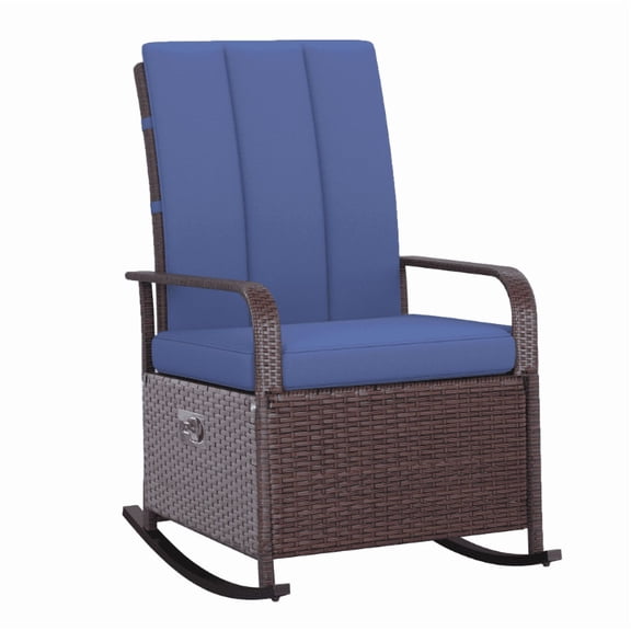 Outdoor Rattan Rocking Chair Patio Recliner with Cushion & Footrest, 135 Adjustable, Blue