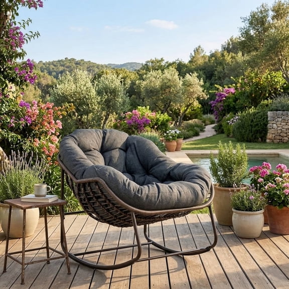 Outdoor Rattan Rocking Chair, Rocking Papasan Chair with Thick Cushion, Comfy Wicker Egg Chairs Lounge Recliner Chair, Padded Cushion Rocker
