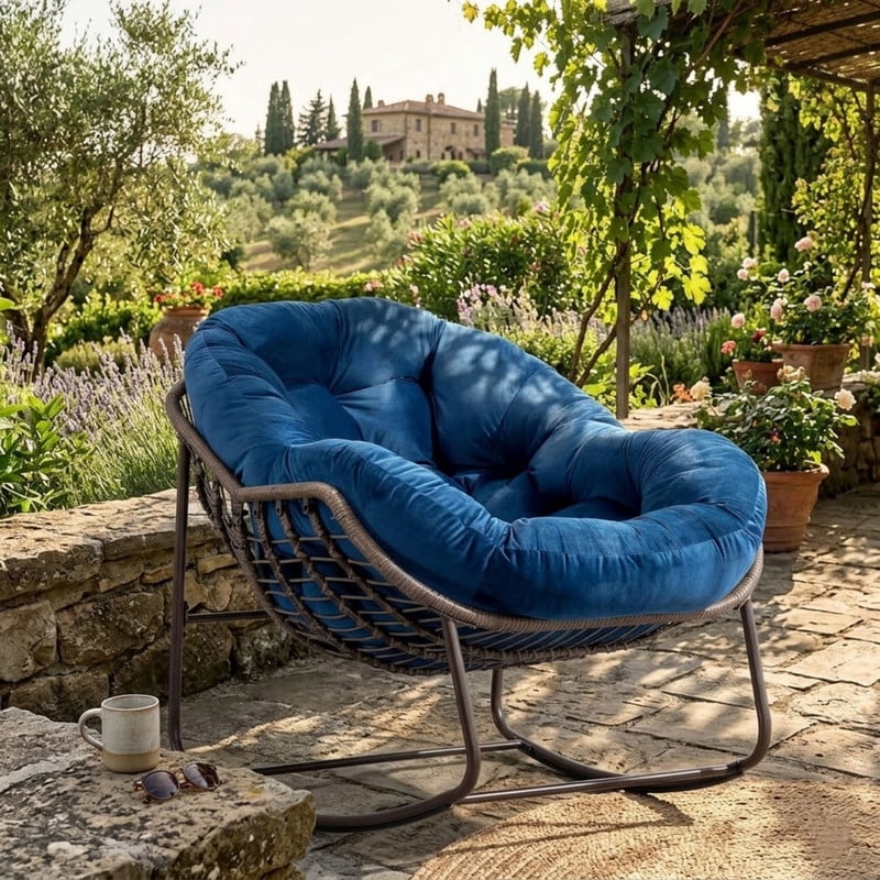 Outdoor Rattan Rocking Chair, Rocking Papasan Chair with Thick Cushion, Comfy Wicker Egg Chairs Lounge Recliner Chair, Padded Cushion Rocker