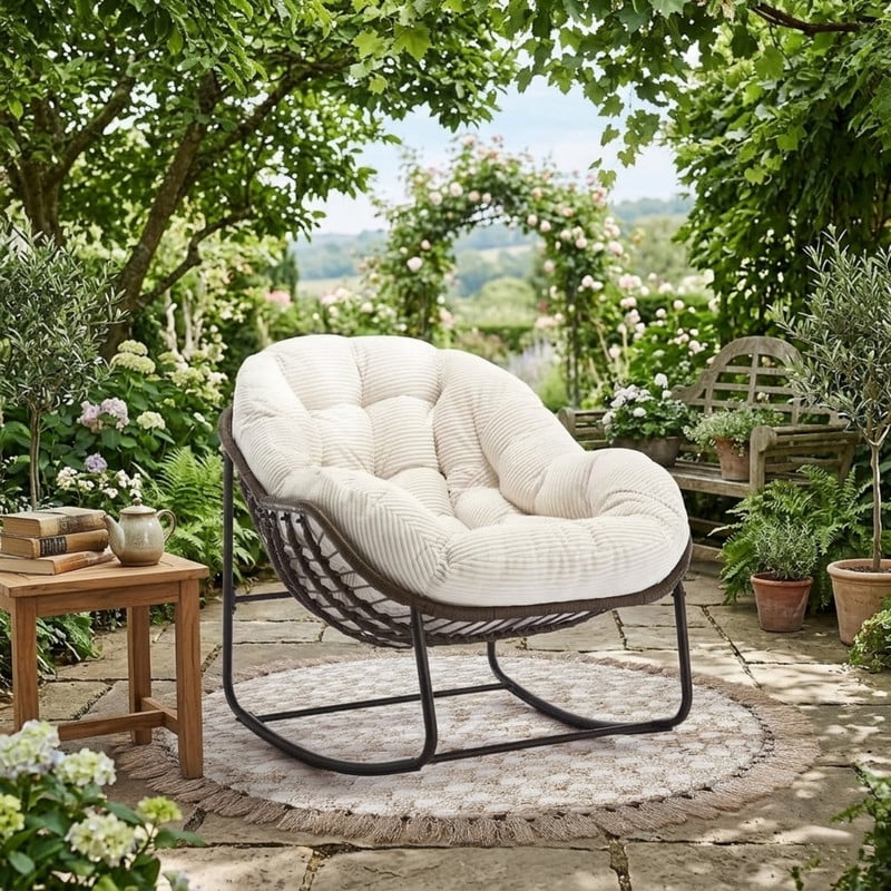 Outdoor Rattan Rocking Chair, Rocking Papasan Chair with Thick Cushion, Comfy Wicker Egg Chairs Lounge Recliner Chair, Padded Cushion Rocker