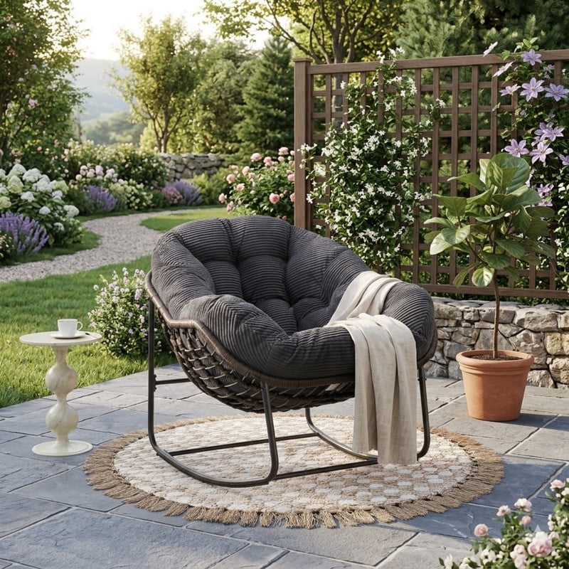 Outdoor Rattan Rocking Chair, Rocking Papasan Chair with Thick Cushion, Comfy Wicker Egg Chairs Lounge Recliner Chair, Padded Cushion Rocker