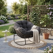 Outdoor Rattan Rocking Chair, Rocking Papasan Chair with Thick Cushion, Comfy Wicker Egg Chairs Lounge Recliner Chair, Padded Cushion Rocker