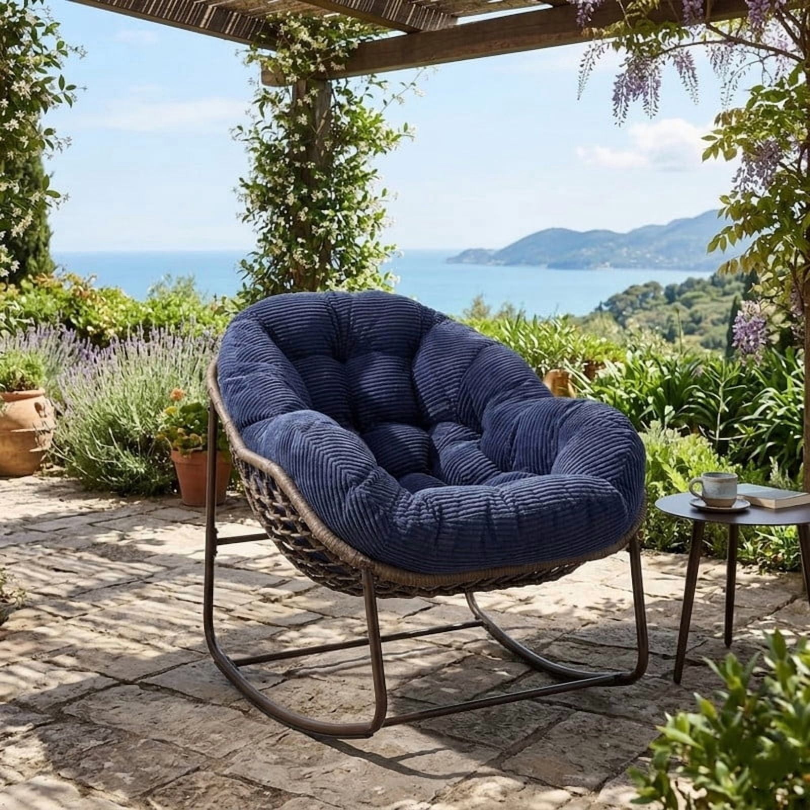Outdoor Rattan Rocking Chair, Rocking Papasan Chair with Thick Cushion, Comfy Wicker Egg Chairs Lounge Recliner Chair, Padded Cushion Rocker