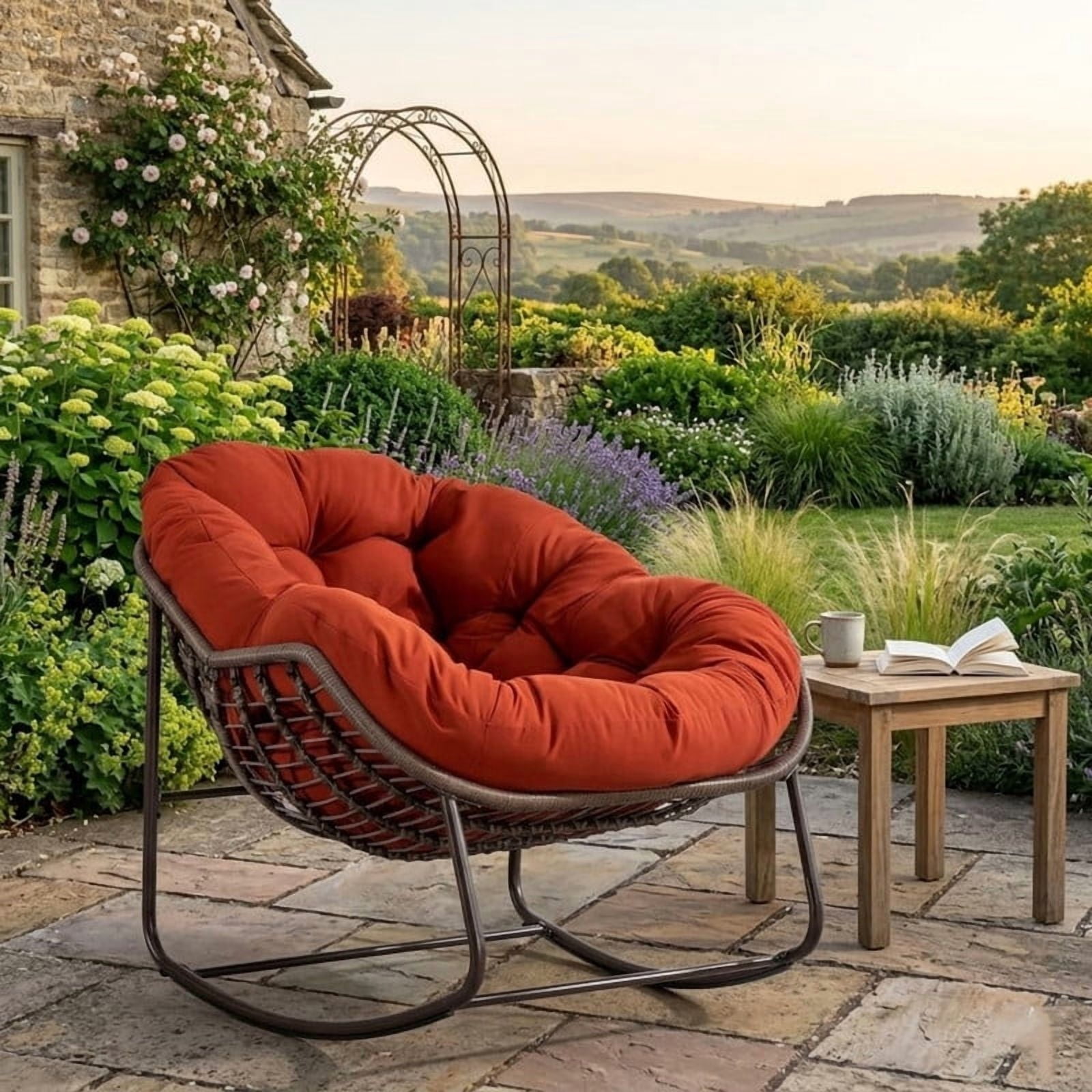 Outdoor Rattan Rocking Chair, Rocking Papasan Chair with Thick Cushion, Comfy Wicker Egg Chairs Lounge Recliner Chair, Padded Cushion Rocker