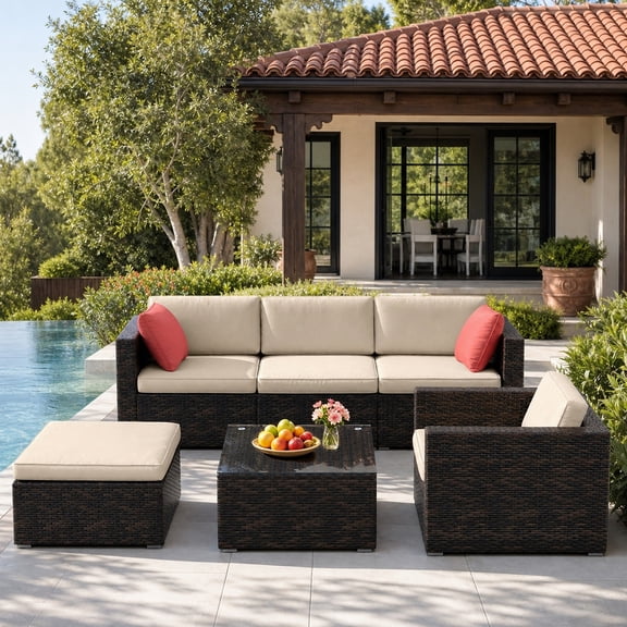 Junkai 6 Piece Outdoor Patio Wicker Sectional Sofa Set, Brown Rattan Conversation Furniture with Armchair, Beige Cushions, Glass Coffee Table & Ottoman