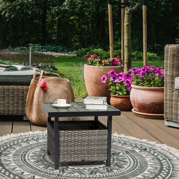 Outdoor Rattan Side Table with 1.57" Umbrella Hole, Square Courtyard End Table with Metal Frame, All Weather Umbrella Table Base for Patio Porch Garden Beach, Grey