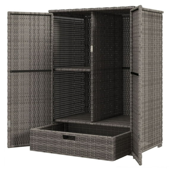 Outdoor Rattan Towel Rack, Pool Storage Cabinet, Hot Tub Accessory Organizer, Freestanding PE Wicker Cabinet w/ Drawer, Dark Gray