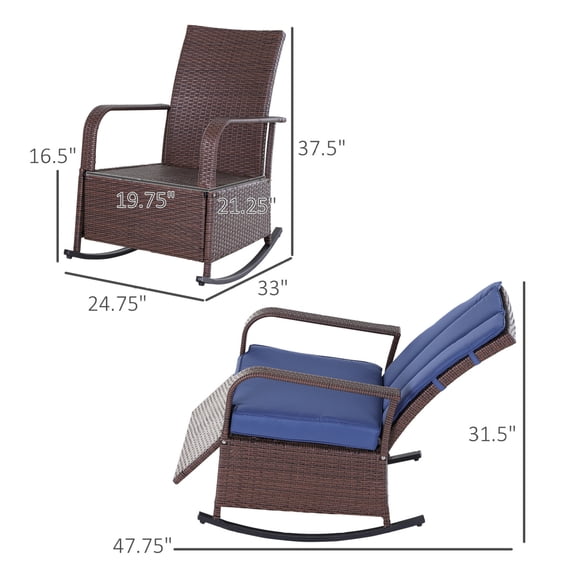 Outdoor Rattan Wicker Rocking Chair Patio Recliner with Soft Cushion, Adjustable Footrest, Max. 135 Degree Backrest, Blue