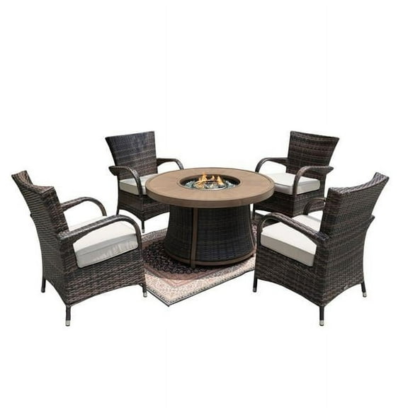 Outdoor Rattan Wicker Round Firepit Table with Backrest Chairs Set, Brown