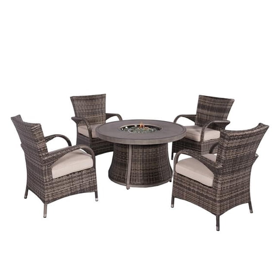 Outdoor Rattan Wicker Round Firepit Table with Backrest Chairs Set, Grey