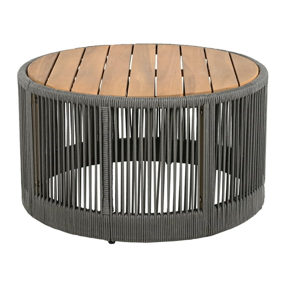 Outdoor Rattan rope & Acacia Wood Coffee Table - Patio Balcony Furniture for Garden, Yard, Balcony - Weather Resistant (Rope Grey, Natural Iron)