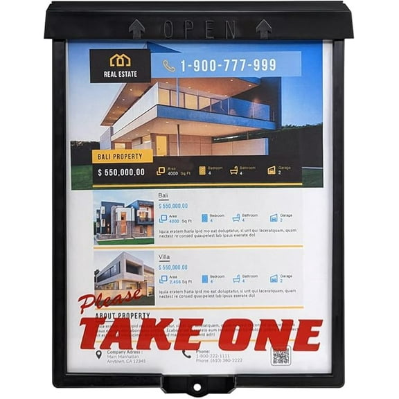 Outdoor Real Estate Brochure Box with Snap Shut Lid, Take One Document Holder Holds 100+ 8.5x11 Documents, Flyers, Literature and Other Outdoor Marketing Needs