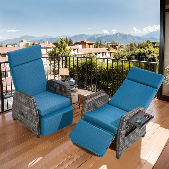 Outdoor Recliner Chair, 180° Reclining Patio Chairs with Adjustable Backrest & Extended Footrest, Rattan Reclining Lounge Chair, Wicker Balcony Recliner, Blue, 2PCS