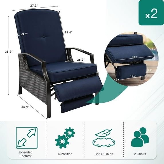 Outdoor Recliner Chair, 2-Piece Adjustable Wicker Lounge Set with Thick Cushions, Extended Footrest, Flip Back, Brown & Navy Blue