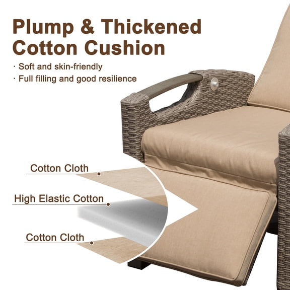 Outdoor Recliner Chair: Hand-Woven Wicker Patio Lounge with Flip Table, Adjustable Angle, Thick Beige Cushions, Rust-Resistant Steel Frame - 32.8"W x 28.8"D