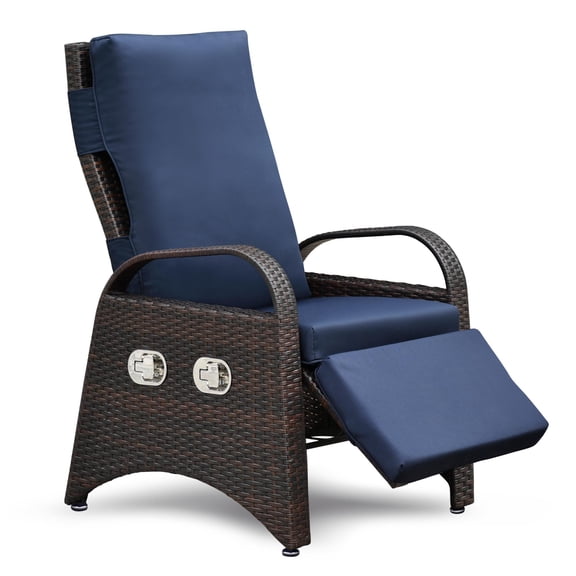 Outdoor Recliner Chair, Modern Adjustable Lounge with Built-in Table for Patio | Navy Blue | PE Rattan+Iron+Waterproof Fabric
