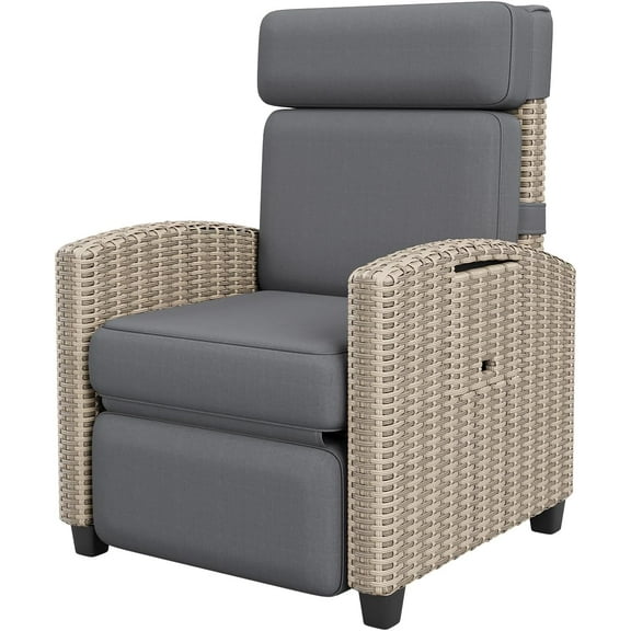Outdoor Recliner Chair,Rattan Patio Recliner with Air Pump,Adjustable Backrest & Footrest,150° Lay Flat,Wicker Lounge Recliner Patio Chair with Flip-Up Table and Removable Cushion,Grey
