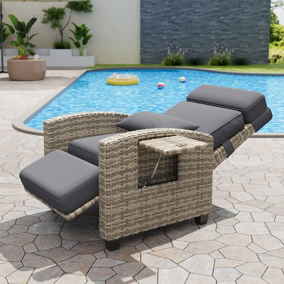 Outdoor Recliner Chair, Reclining Patio Chair with 150 Adjustable Backrest & Footrest, Wicker Lounge Chair with Flip Table & Removable Thick Cushion for Poolside Deck Balcony