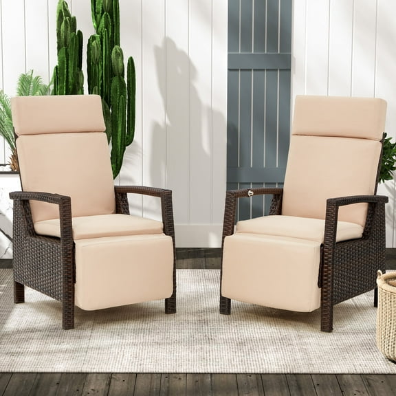 Outdoor Recliner Chair Set of 2, Patio Wicker Reclining Chairs with Adjustable Infinite Backrest, Outdoor Lounge Recliners up to 150°with Removable Cushion, Khaki