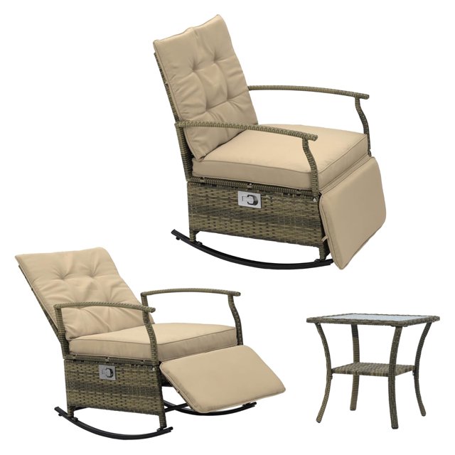 Outdoor Recliner Chair Set, Adjustable Rattan Recliners with Glass