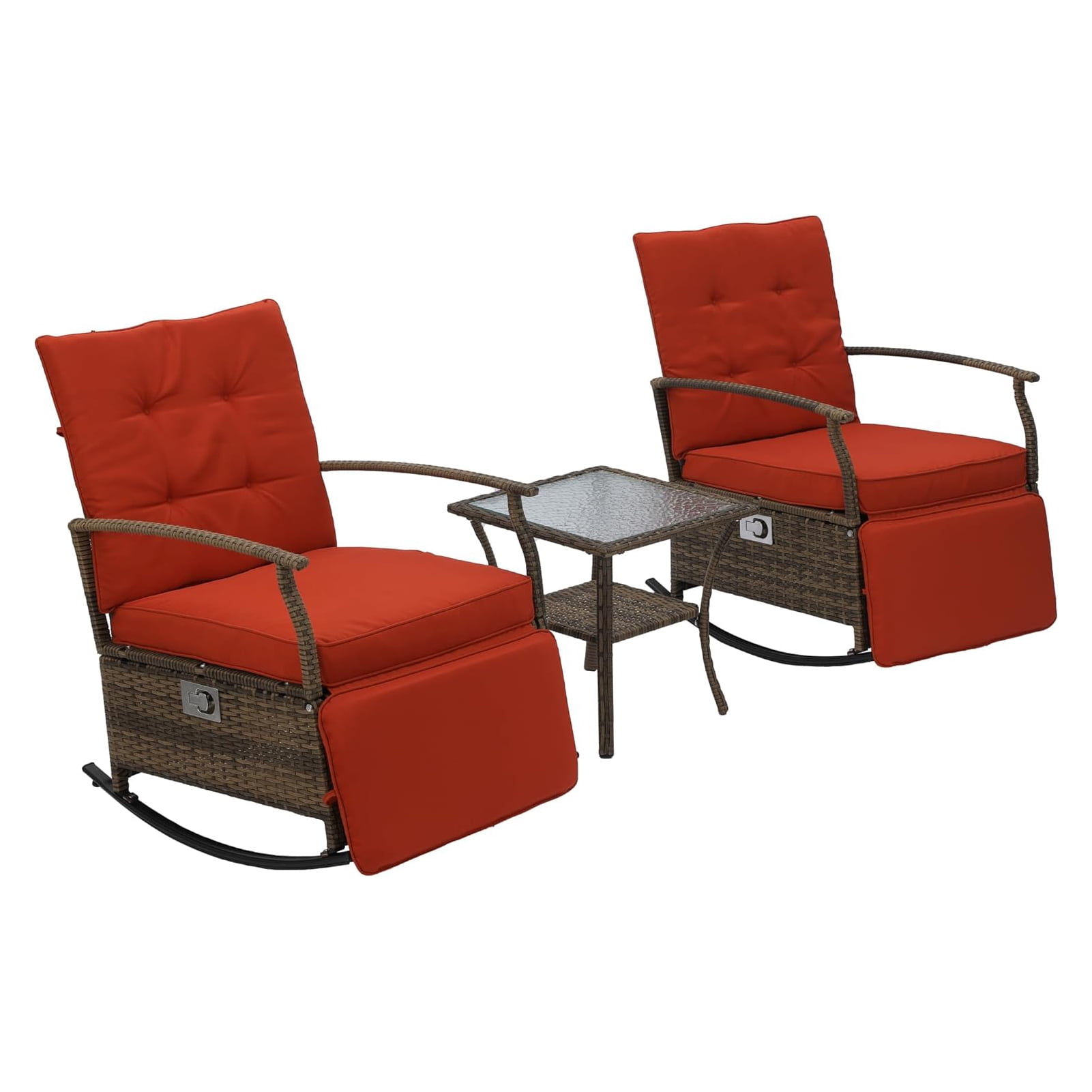 Outdoor Recline Chair Set, Adjustable Rattan Recliners with Glass Table