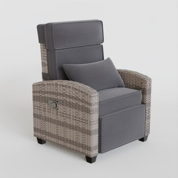 OUTGOODS Outdoor Rattan Recliner Chair, Adjustable 150° w/ Table Tray, Light Grey