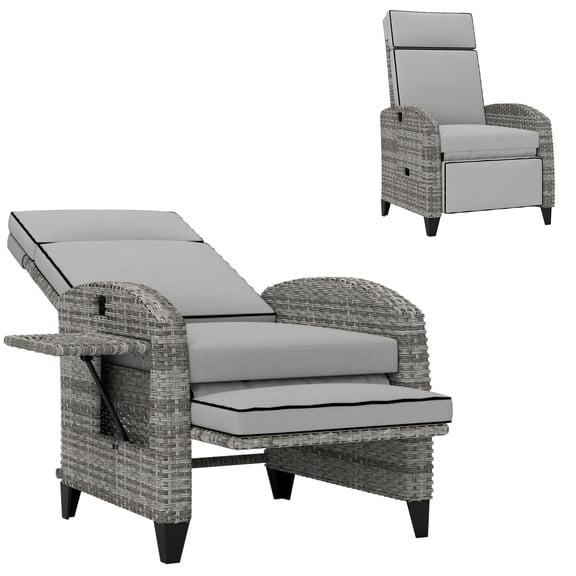 Outdoor Recliner Chair with Cushions, Reclining Patio Lounge Chair with Adjustable Footrest, Armrests, Tray Table, Gray