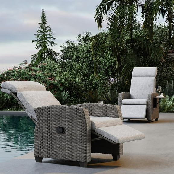 Outdoor Recliner Chair with Flip Table, Patio 155° Lay Flat Recliner, Push Back Wicker Reclining Lounge Chair