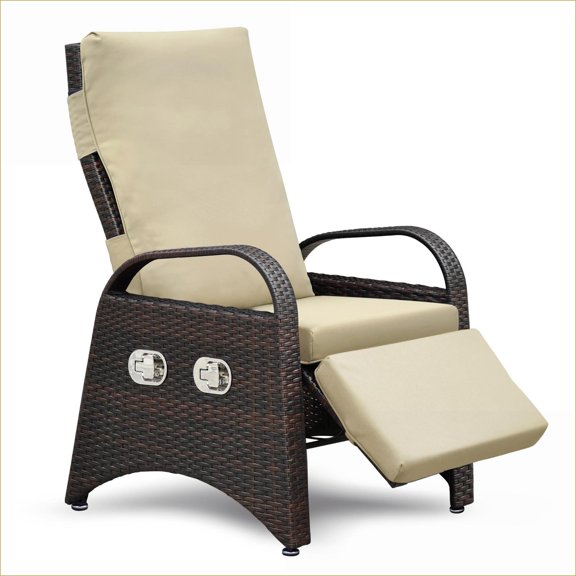 Outdoor Recliner Lounge Chair | Modern Adjustable Reclining Patio Chair for Sunbathing Relaxation | khaki | Rattan+Metal