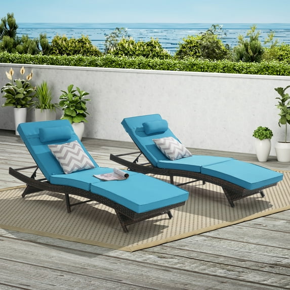 Outdoor Reclining Chair Set of 2, PE Wicker Chaise Lounge with Adjustable Backrest for Poolside Patio Backyard, Light Blue