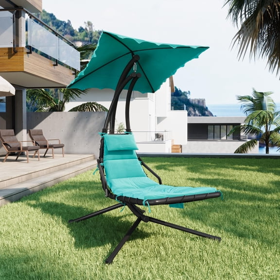 Outdoor Reclining Daybed with Canopy Shade – Curved Steel Frame, Adjustable Backrest, Waterproof Fabric Pad, 78.7" High for Patio, Garden, Poolside or Backyard(Green)