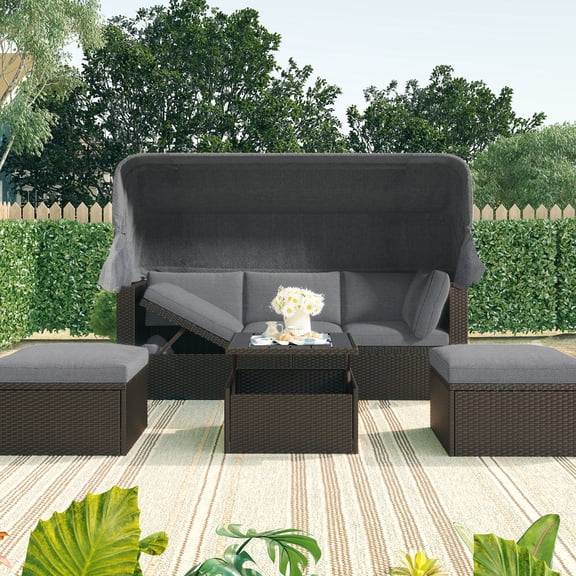 Outdoor Rectangle Daybed with Foldable Cup Holder | Enjoy Drinks on Patio or Deck | High-Density Foam Filling | Provide Convenient Seating