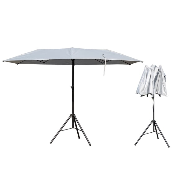 Outdoor Rectangle Market Patio Umbrella with Crank and Stand for Backyard, Deck, Garden, Lawn, Poolside, Silver