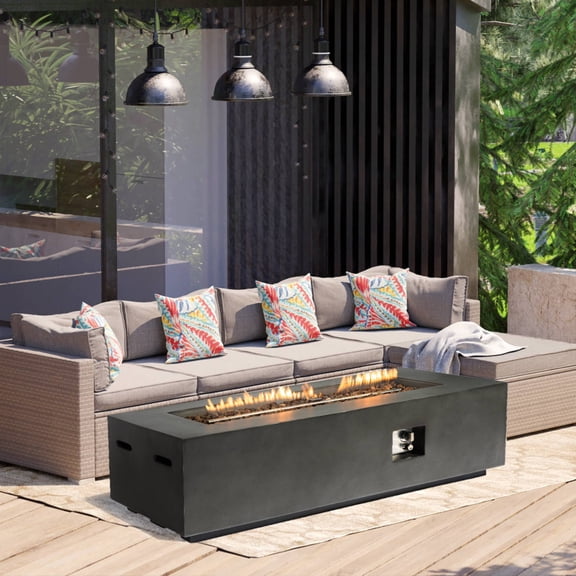 Outdoor Rectangle Propane Fire Pit Table 60inch, 50,000 BTU Concrete Fire Table with Waterproof Cover, Auto-Ignition, Free Lava Rocks