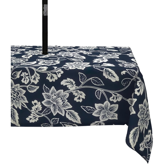Outdoor Rectangle Tablecloth, Patio Water-Repellent and Fade Resistant Tablecovers with Umbrella Hole, Decorative Table Cloth with Zipper for Dining Table, 60x84 Inch, Elegant Vines Navy