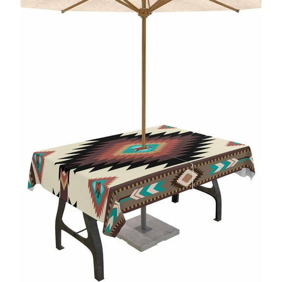 Outdoor Rectangle Tablecloth with Umbrella Hole South West 60x120inch Waterproof Tablecloth Zippered Patio Table Cloth, Rust Terra Cotta Burgundy Decorative Table Cover for Picnic Dining