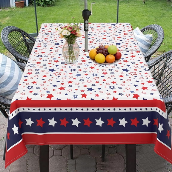 Outdoor Rectangle Tablecloth with Umbrella Hole and Zipper, 60×84 Inch 4th of July Red Blue Star Patio Table Covers Waterproof Fade Resistant Table Cloth for Patriotic Garden Decoration