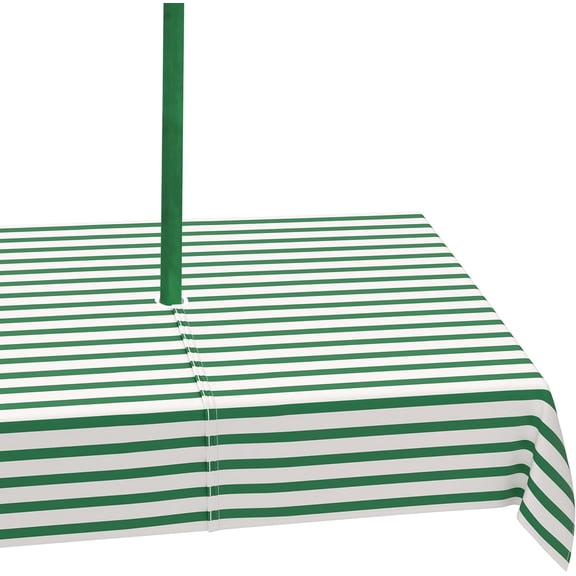 Outdoor Rectangle Tablecloth with Umbrella Hole and Zipper, 60×84 Inch Green Striped Patio Table Covers Waterproof Fade Resistant Table Cloth for Picnic Garden Patio Decoration
