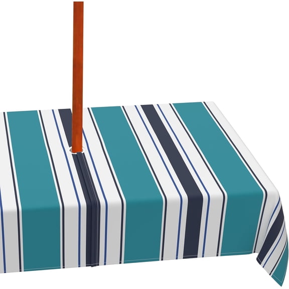 Outdoor Rectangle Tablecloth with Umbrella Hole and Zipper, 60×84 Inch Navy Blue Stripe Patio Table Covers Waterproof Fade Resistant Table Cloth for Picnic Garden Patio Decoration