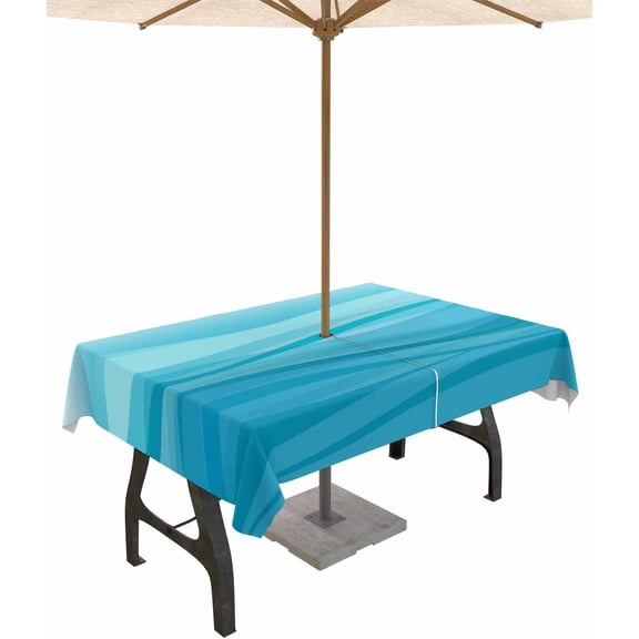 Outdoor Rectangle Tablecloth with Umbrella Hole and Zipper, Aqua Ombre Water Ripple Waterproof Table Cover Farmhouse Stripes Washable Patio Tablecloths for Party Picnic, 60"x84"