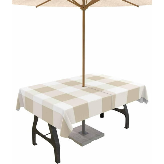 Outdoor Rectangle Tablecloth with Umbrella Hole and Zipper, Beige Plaid Waterproof Table Cover, Spring Summer Farmhouse Buffalo Checkered Washable Patio Tablecloths for Party Picnic, 60"x84"