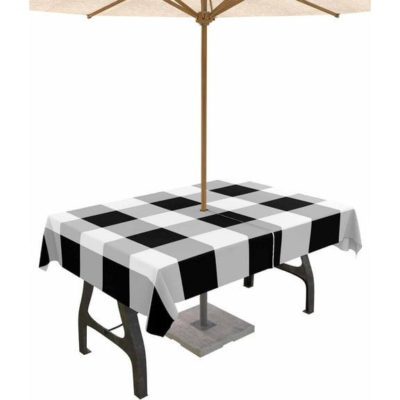Outdoor Rectangle Tablecloth with Umbrella Hole and Zipper, Black White Plaid Waterproof Table Cover, Spring Farmhouse Buffalo Checkered Washable Patio Tablecloths for Party Picnic, 60"x102"