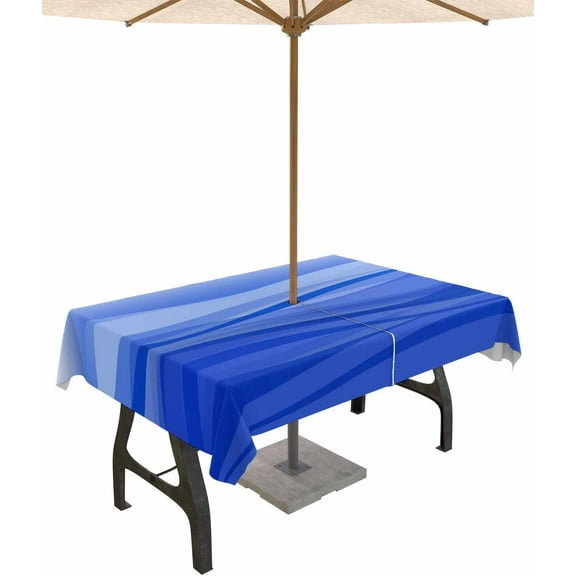 Outdoor Rectangle Tablecloth with Umbrella Hole and Zipper, Blue Ombre Water Ripple Waterproof Table Cover Farmhouse Stripes Washable Patio Tablecloths for Party Picnic, 60"x84"