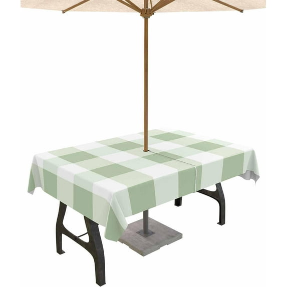 Outdoor Rectangle Tablecloth with Umbrella Hole and Zipper, Green Plaid Waterproof Table Cover, Spring Minimalism Modern Buffalo Lattice Washable Patio Tablecloths for Party Picnic, 60"x84"