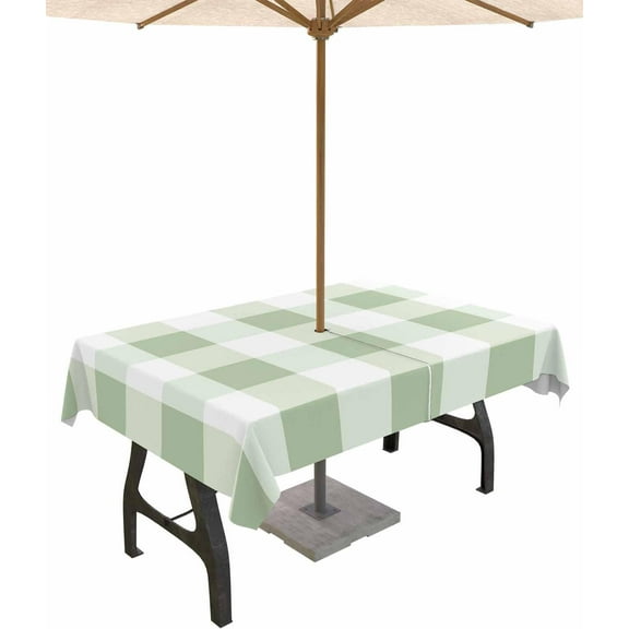 Outdoor Rectangle Tablecloth with Umbrella Hole and Zipper, Green Plaid Waterproof Table Cover, Spring Minimalism Modern Buffalo Lattice Washable Patio Tablecloths for Party Picnic, 60"x84"