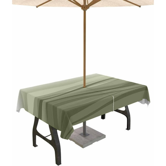 Outdoor Rectangle Tablecloth with Umbrella Hole and Zipper, Sage Green Ombre Water Ripple Waterproof Table Cover Farmhouse Stripes Washable Patio Tablecloths for Party Picnic, 60"x84"