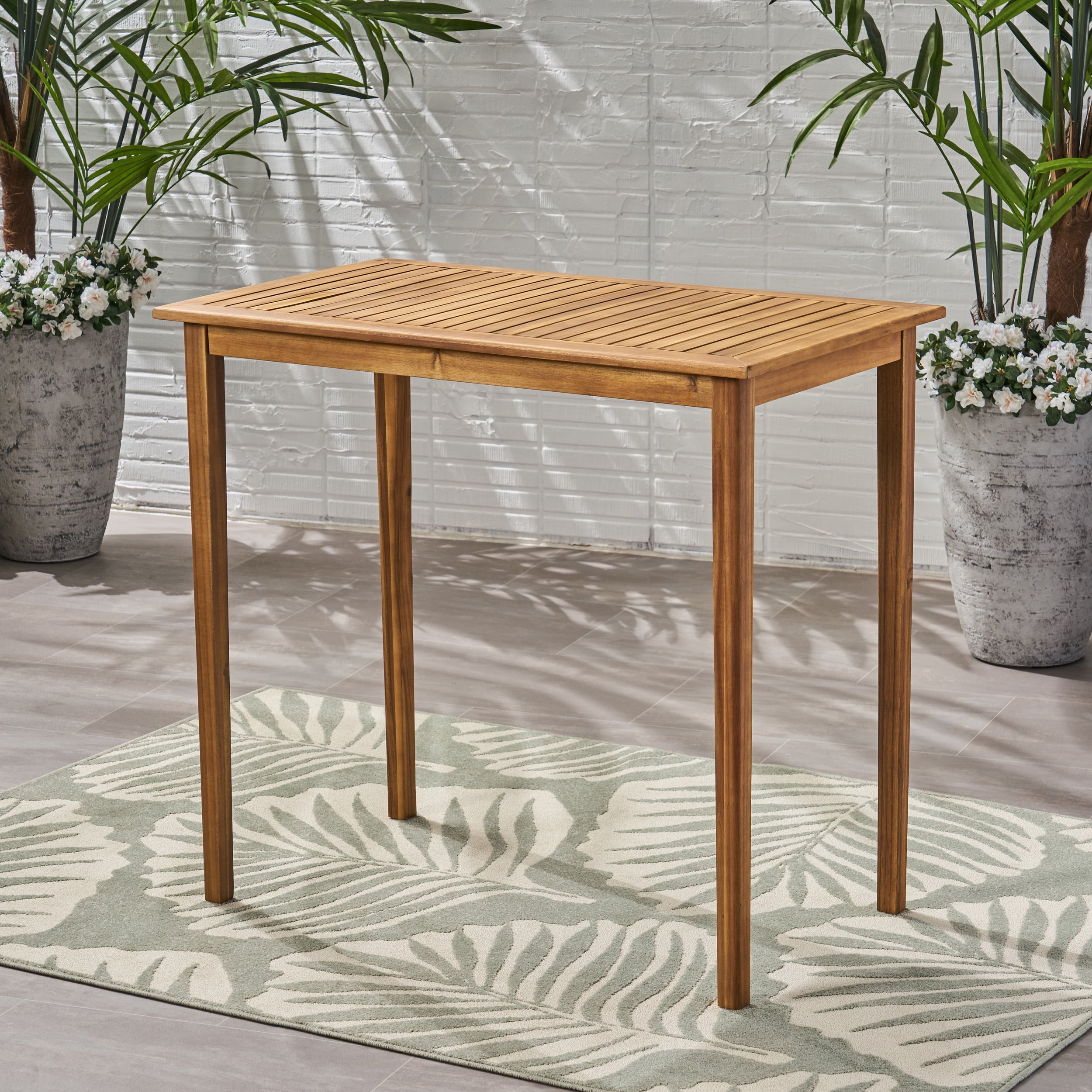 Outdoor Rectangular Bar Height Table, Solid Acacia Wood Top for Patio Garden, Teak Finish