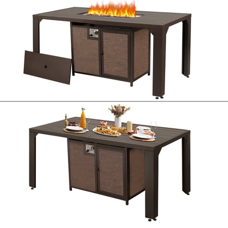 Outdoor Rectangular Patio Fire Pit Dining Table 62.5" Propane Firetable with Lid, Brown